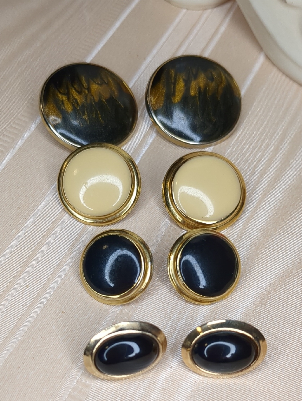 Lot 4 Vintage 80s Earrings Gold Tone & Black Ivory Enamel Pierced Button Style